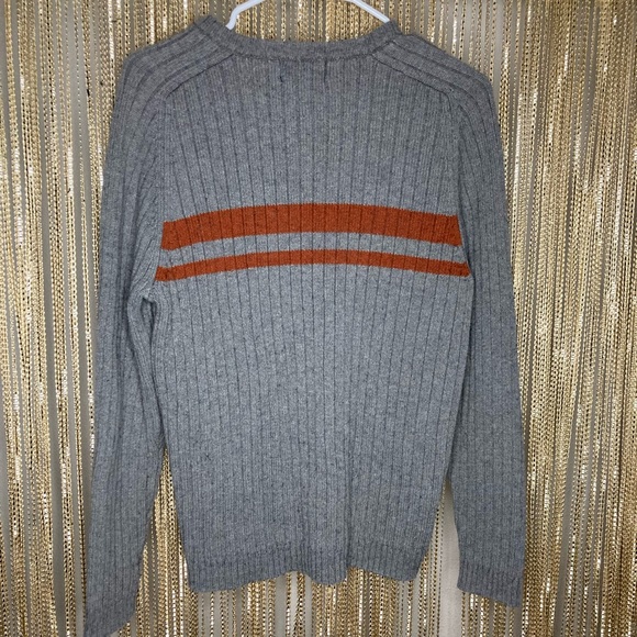 AE wool & cotton heavy knit sweater grey v neck with orange stripe - Picture 4 of 4